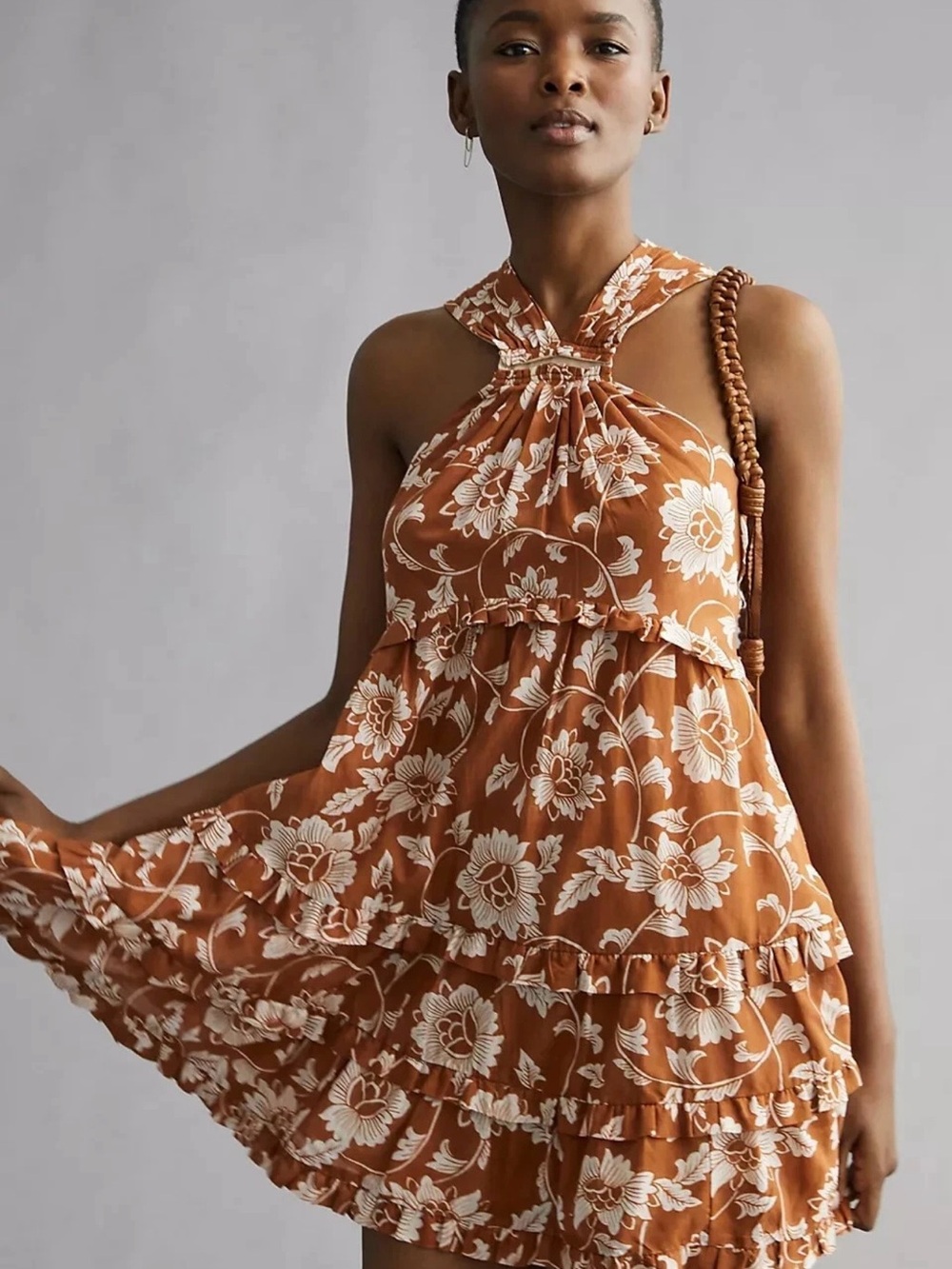 Anthropologie Halter Dress Tiered Ruffles Brown White Floral Size 4